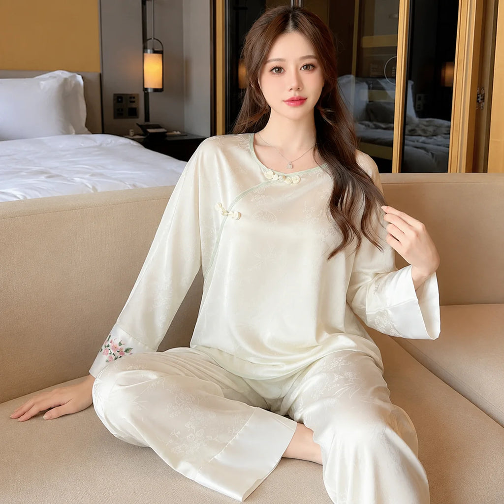 Women's New Chinese Style Ice Silk Pajama Set Spring Autumn Satin Loungewear with Built-in Chest Pads Elegant Home Sleepwear