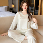 Women's New Chinese Style Ice Silk Pajama Set Spring Autumn Satin Loungewear with Built-in Chest Pads Elegant Home Sleepwear