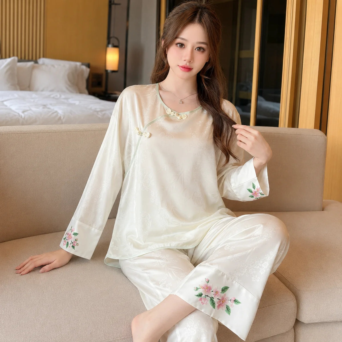 Women's New Chinese Style Ice Silk Pajama Set Spring Autumn Satin Loungewear with Built-in Chest Pads Elegant Home Sleepwear