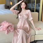 2025 Summer Short Sleeve Sexy Lace V-neck Ice Silk Satin Nightgowns For Women Cute Sleepwear Night Dress Nightdress Home Nighty