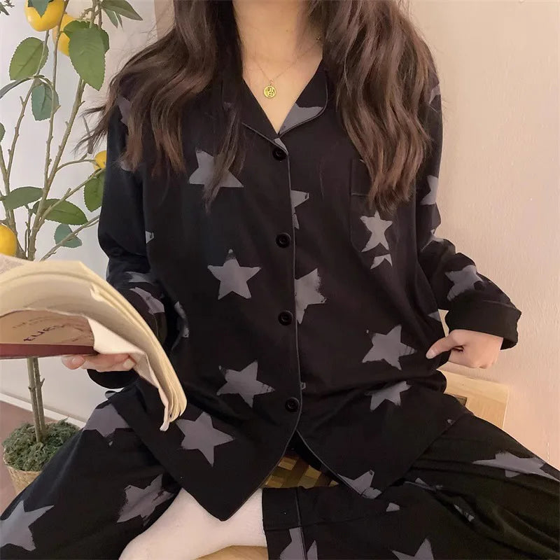 Korean Style Long-Sleeved Pajamas Set for Women Spring Autumn Homewear Comfortable Ladies Sleepwear Student Senior Casual Outfit